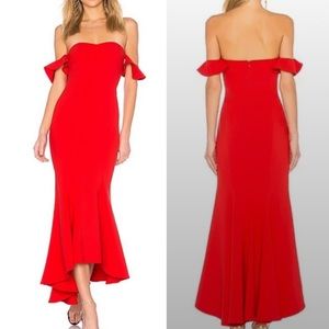 Likely Sunset gown in scarlet with ruffle drape sleeve and high low skirt size 0
